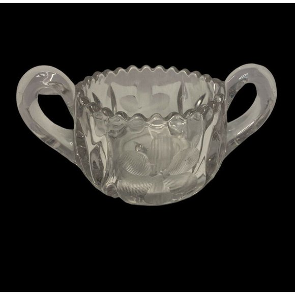 VTG EAPG Glass SUGAR BOWL Double Handle Sawtooth Star Base Floral Design - Picture 12 of 12